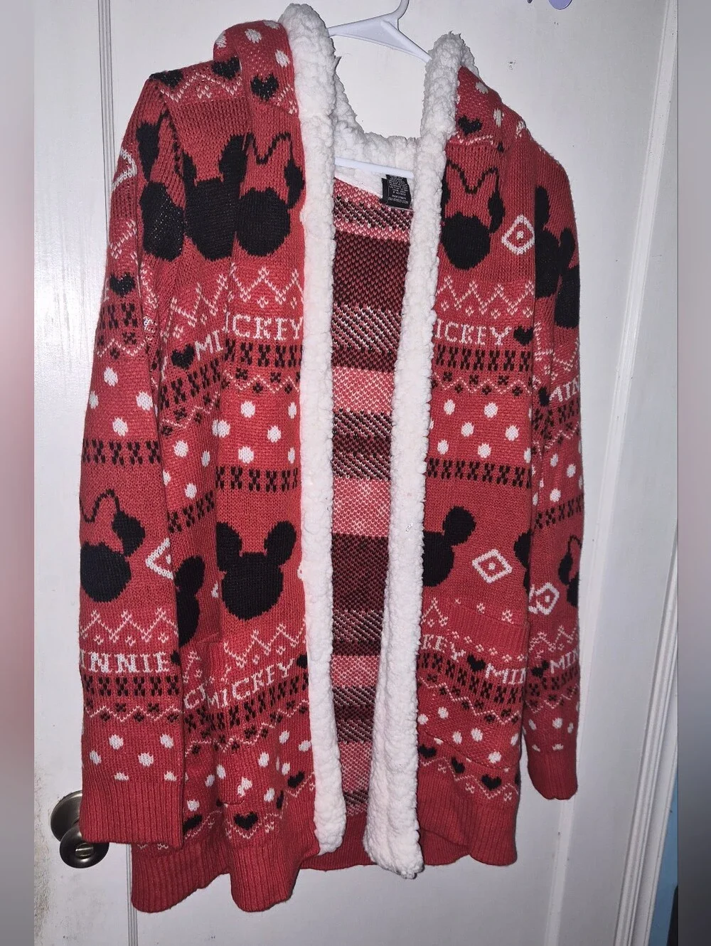 Minnie/Mickey Pattern Fleece-Lined Hooded Sweater Cardigan - Red